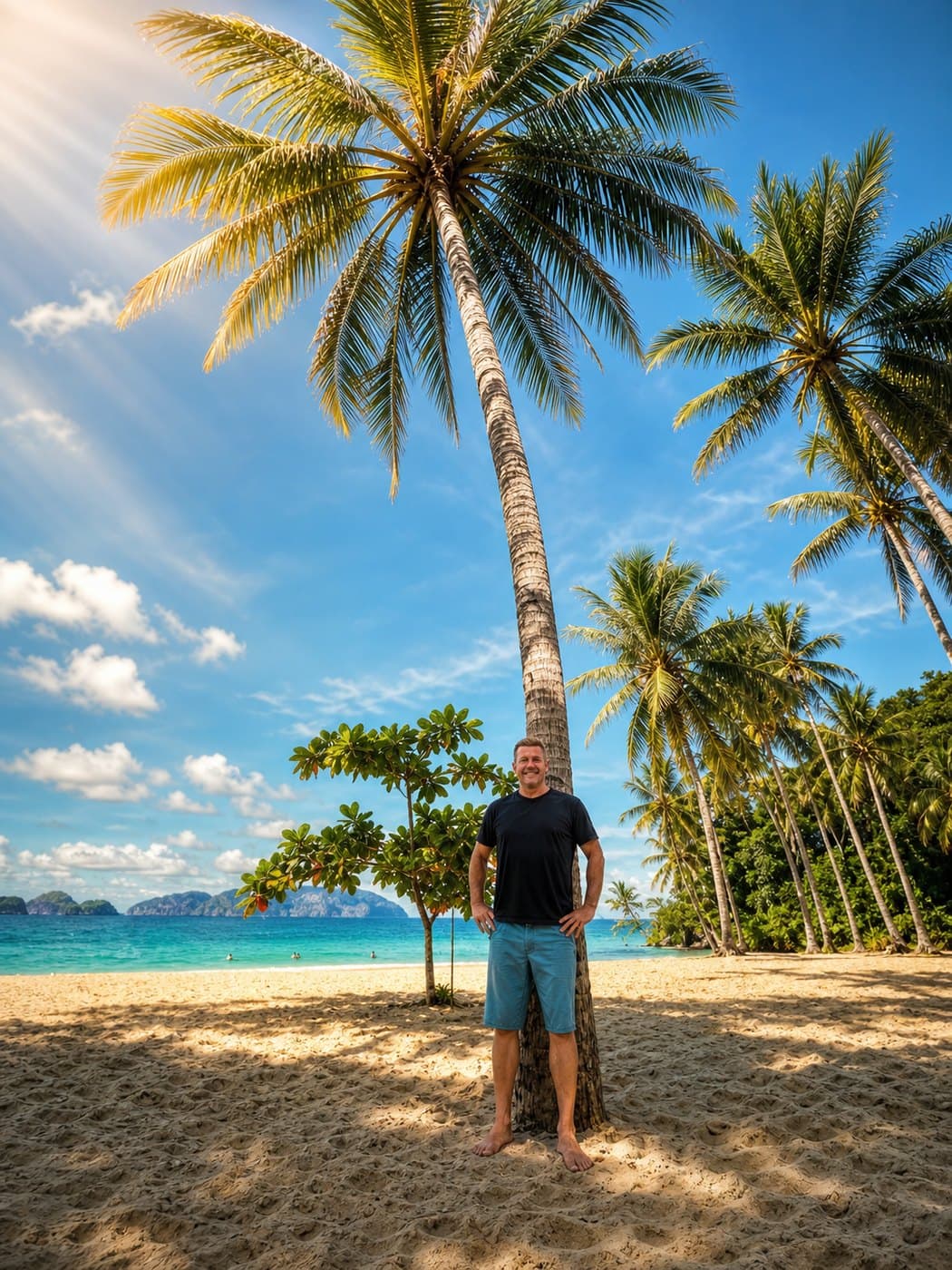 Chris Howard on a tropical beach beneath palm trees